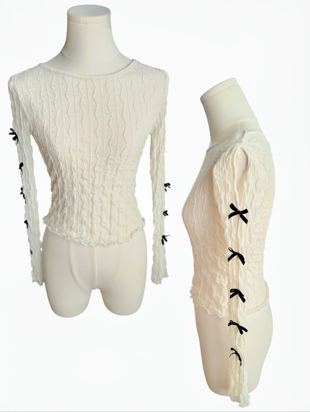 Full Tilt White Sheer Lace Long Sleeve Sweater & Black Ribbons Bows Size Large